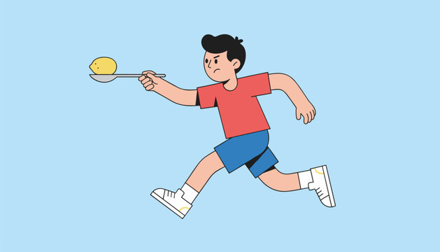 Cartoon boy in red t-shirt running while balancing a yellow lemon on a long silver spoon on a blue backdrop.