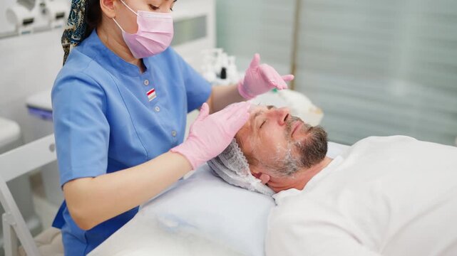 Middle-aged man attend appointment at clinic, receive facial skincare treatment from cosmetologist, represent growing men's interest in aesthetic care, grooming, wellness, self-care,healthy appearance