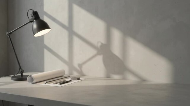Minimalist Architect Desk with Lamp, Blueprints, and Window Shadow on Concrete Wall Background