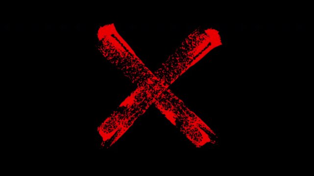 Red grunge x mark animation, hand-drawn cross symbol overlay for error or rejection, alpha channel