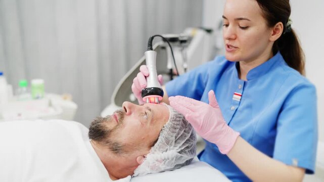 Cosmetologist performing facial radiofrequency treatment on male client in modern beauty clinic, representing men&rsquo;s skincare, facial rejuvenation, grooming and aesthetic care