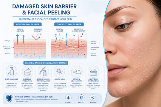 Damaged Skin Barrier and Facial Peeling Causes Skincare Infographic