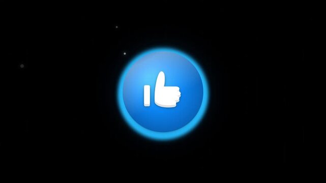 Animated blue thumbs up like button icon with floating particles on black background, social
