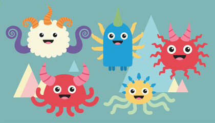 Naklejka premium Playful collection of cute cartoon monsters set with horns and tentacles on blue background with triangles.