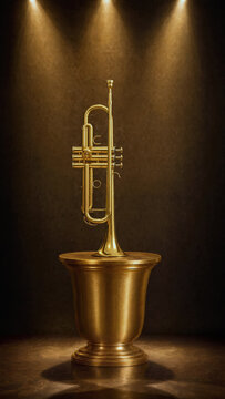 Trumpet on a Gold Vase-Shaped Pedestal Under Stage Spotlights