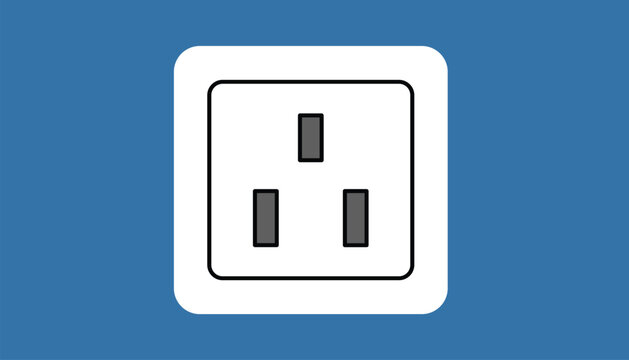 UK style wall socket power outlet with three vertical slits isolated on a blue background flat vector design.