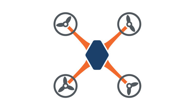 High tech quadcopter drone with orange arms and four dark rotors viewed from directly above on white background.