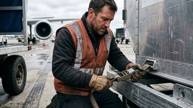 A dedicated airport ground crew worker secures cargo containers with straps on the tarmac with an airplane in the background