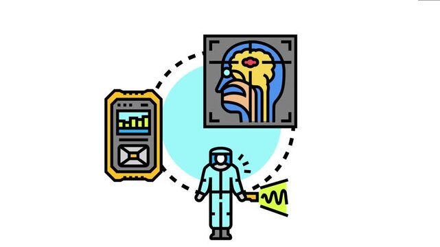 Medical nuclear tracer concept showing diagnostic imaging, a healthcare professional in a protective suit using a detection device, and a radioactive material detector for medical research