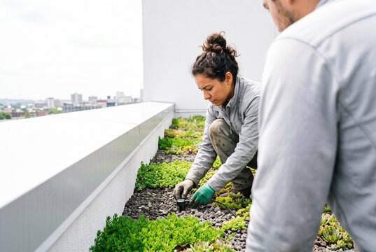 Woman and man installing and maintaining a green roof garden with succulents on an urban rooftop