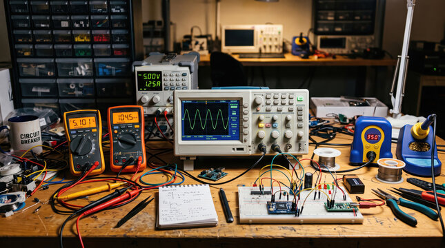 A busy electronics engineering lab workbench featuring a digital oscilloscope, multimeters, DC power supply, soldering station, and breadboard circuit prototype.
