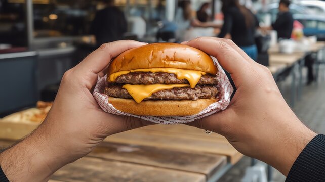Hands holding a delicious juicy double cheeseburger with melted cheddar cheese in a brioche bun