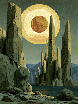 surrealist painting of a petrified forest with frottage textures