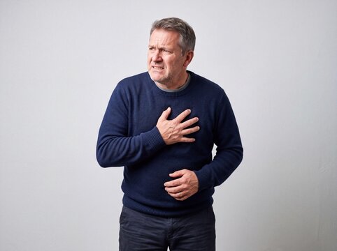 Middle-aged man holding his chest in pain suffering from a heart attack or acute anxiety attack against a plain white background