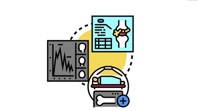 Medical isotope imaging a patient undergoing diagnostic radiological procedures, with results displayed on screens revealing bone health data and patient profile