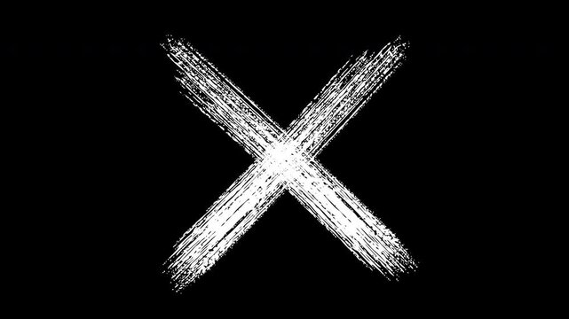 Hand-drawn grunge x mark animation, animated white chalk cross symbol on black background, cancel delete