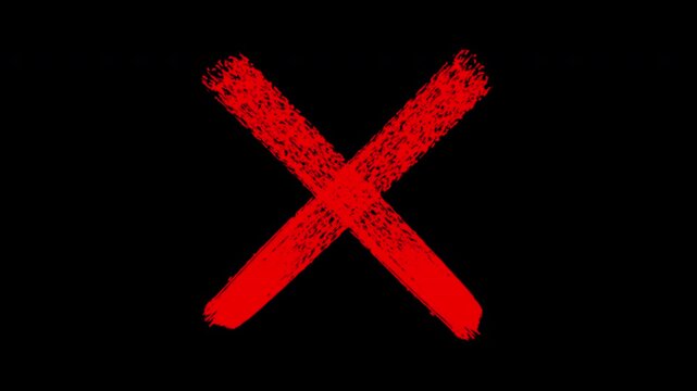 Red grunge x mark animation, hand-drawn brush stroke cross symbol for rejection or error concept