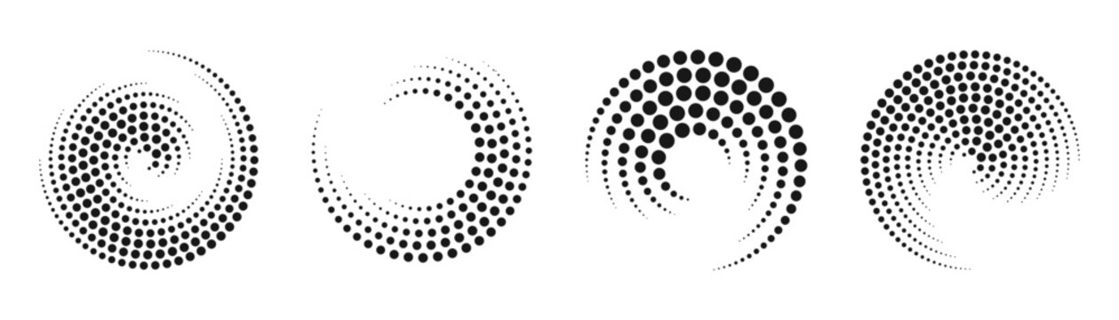 Abstract halftone dot spiral pattern set with circular dotted radial swirl motif, hypnotic vortex element for modern graphic design