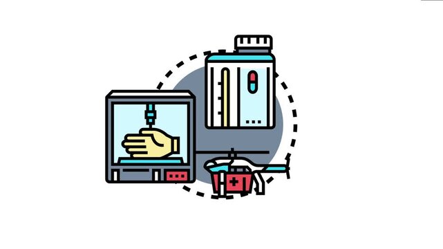 Medical innovation engineering concept forming a synergistic ecosystem of advancements, with a medicine bottle, 3d bioprinting a hand, and an emergency medical helicopter collaborating in technology