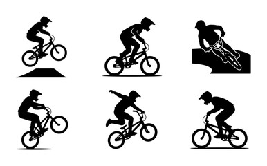 Fototapeta premium BMX Bicycle Silhouettes, Extreme Sports Action, Rider Performing Tricks, Vector Set