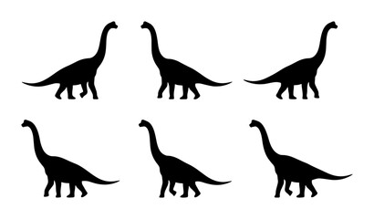 Six Silhouette Brontosaurus Dinosaurs, Prehistoric Reptile Vector Icons, Ancient Animal Shapes © Anjali
