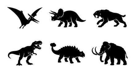 Dinosaur Icons Set, Prehistoric Animals Silhouettes, Ancient Creatures Vector Graphics © Anjali
