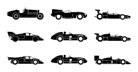 Fototapeta premium Vintage and Modern Sports Cars, Racing Vehicles Collection: Classic & Formula 1 Icons