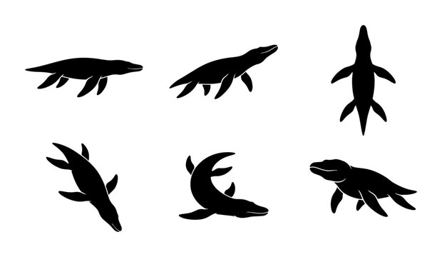 Plesiosaur Dinosaur Silhouettes, Ancient Marine Reptile Vector Icons, Prehistoric Sea Creature Graphics