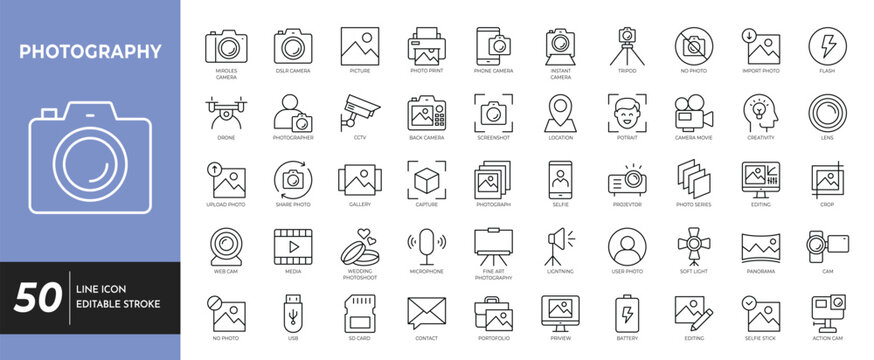 Photography icon set. Editable stroke. Vector illustration