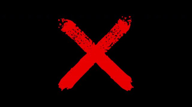 Red brush stroke x mark animation, hand-drawn grunge cross symbol for reject or error notification