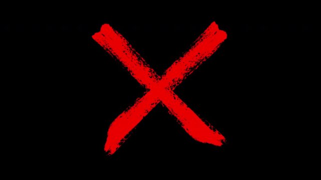 Hand-drawn red x mark animation on black background, grunge brush stroke cross symbol for reject or error