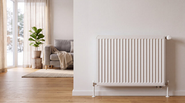 White radiator in a modern room, blurry living room and winter window view. Concept of home heating, energy saving, domestic comfort, winter.