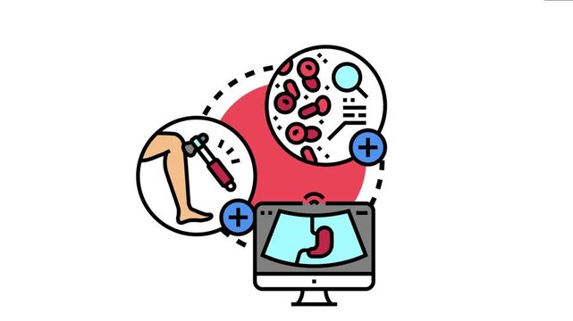 Medical examination steps outlining the process of health diagnosis, including blood analysis, reflex testing, and internal organ ultrasound screening, presenting diverse healthcare procedures