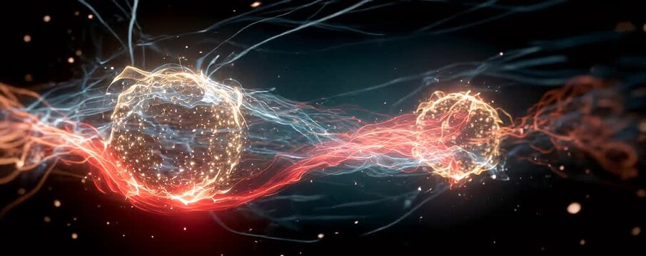 Two glowing particles with connecting energy streams visualizing quantum entanglement, atomic structures, and scientific concepts