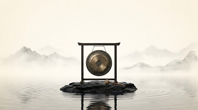 Traditional Zen Gong on Water with Misty Mountain Background