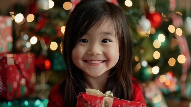 A young girl smiles holding a wrapped present. A decorated Christmas tree with lights and presents are blurred in the background. She is wearing a red top and has long dark hair.