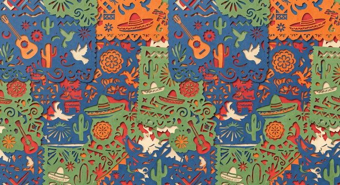 Colorful Mexican papel picado pattern background with guitars and sombreros watercolor