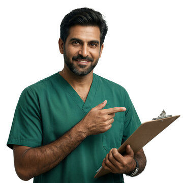 Veterinarian pointing clipboard, South Asian male in green scrubs cut out on transparent background