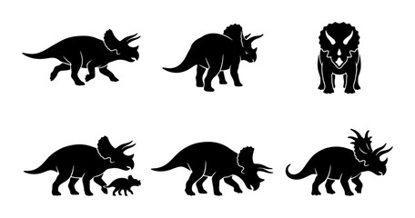 Obraz premium Triceratops Dinosaur Silhouettes, Prehistoric Reptile Vector Icons, Ancient Creature Graphics