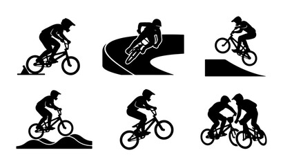 Fototapeta premium BMX Bike Rider Silhouettes, Extreme Sports Action, Cycling Performance Vector Icons