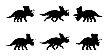 Six Black Triceratops Dinosaur Silhouettes, Prehistoric Reptile Vector Icons, Ancient Creature Graphics © Mainul