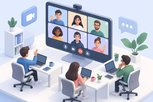 3D isometric illustration of business team on video conference call with remote workers