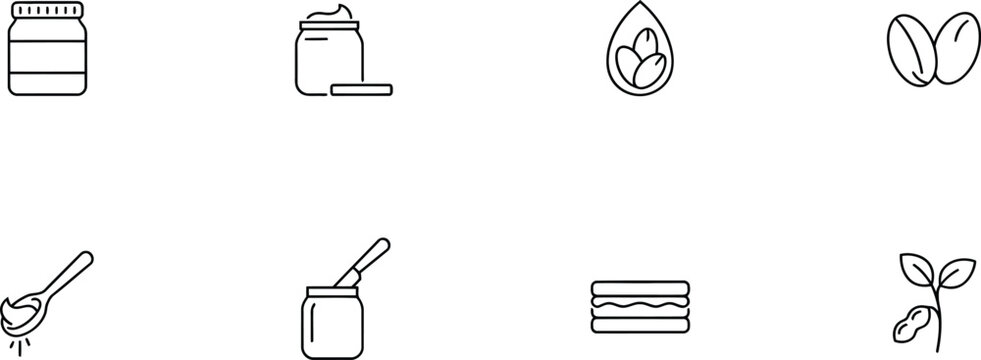 Minimalist peanut butter icon set, 8 linear vector icons for nut butter packaging, organic spread and legume symbols for food branding