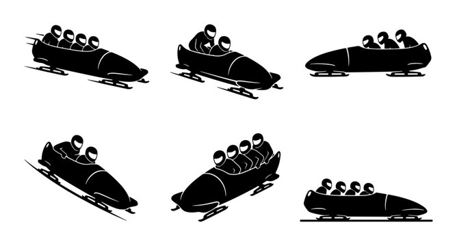 Bobsledding Icons Set: Winter Sport Athletes in Motion, Olympic Race Vector Graphics