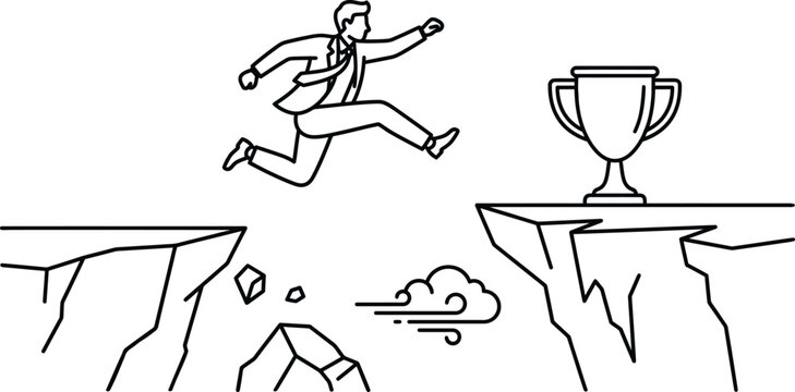 Business success and overcoming challenges vector illustration, businessman jumping over cliff gap to reach winner trophy.