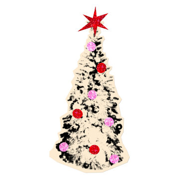 Christmas tree collage scrapbook element. Cut out sticker with distressed halftone texture, sparkling red pink glitter ornaments, topped with red glitter star. Vector on transparent background as png