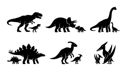 Dinosaur Family Silhouettes, Prehistoric Creatures Vector Set, Jurassic Era Icons © Mainul