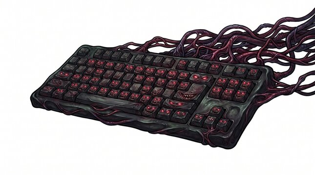 Computer keyboard entangled by dark biological tentacles on a white background