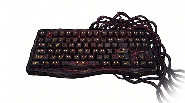 Dark sinister gaming keyboard with entangled black tentacle wires