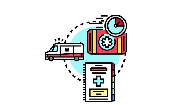 Medical emergency service providing urgent healthcare and quick response, featuring an ambulance, first aid kit, and patient record, symbolizing immediate medical care and health protection